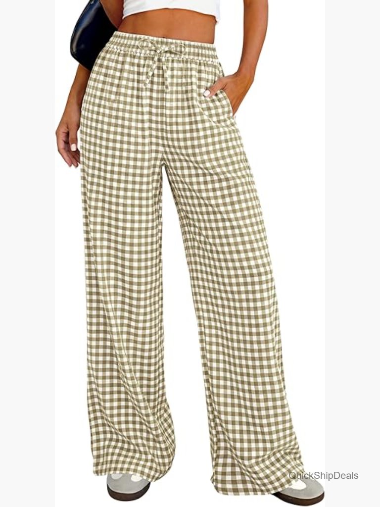 Wide Leg Gingham Lounge Pants, Elastic High Waist, Cotton, Pockets